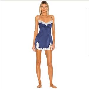 Lovers + Friends Revolve Cassandra Lace Trim Satin Slip Dress Size XS NWT Navy